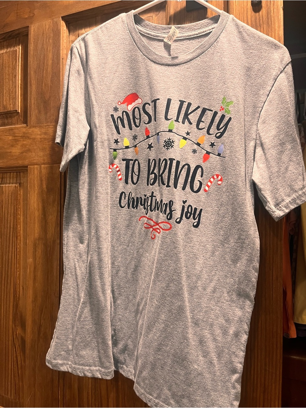 Gray Short Sleeve Holiday Graphic Tee - Most Likely to Bring Christmas Joy